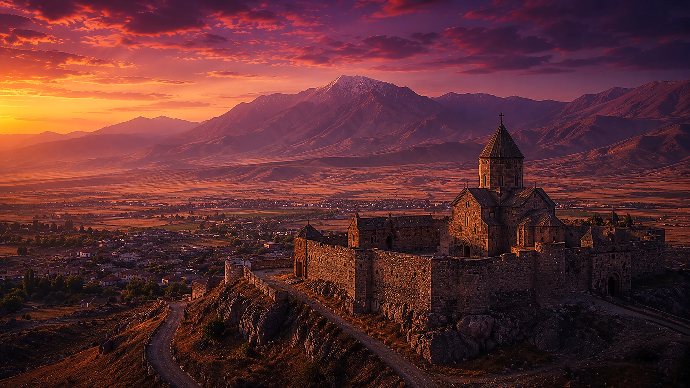 Monastère fortifié arménien face aux montagnes au coucher du soleil