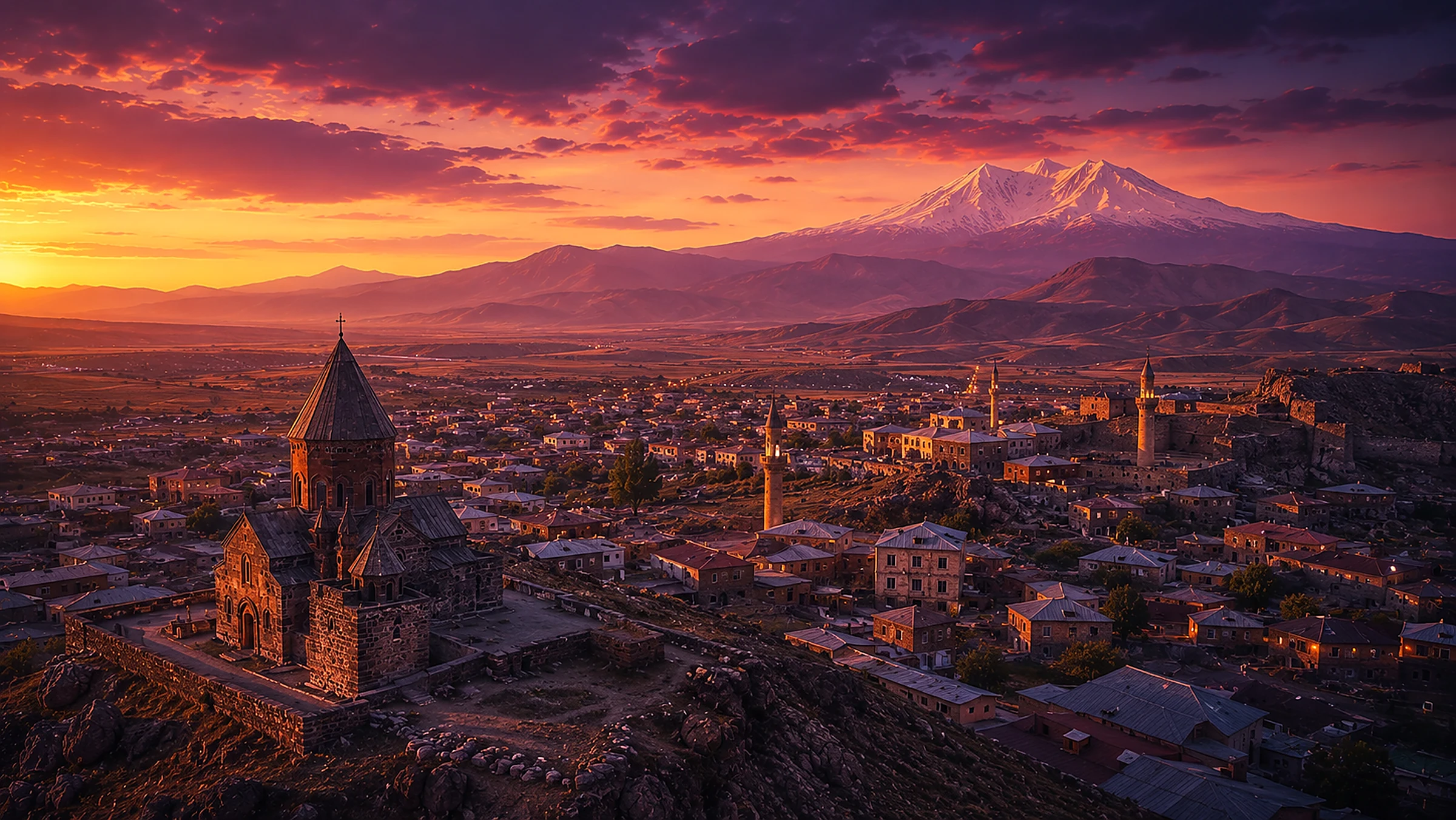 Village historique arménien et son église au pied des montagnes au coucher du soleil