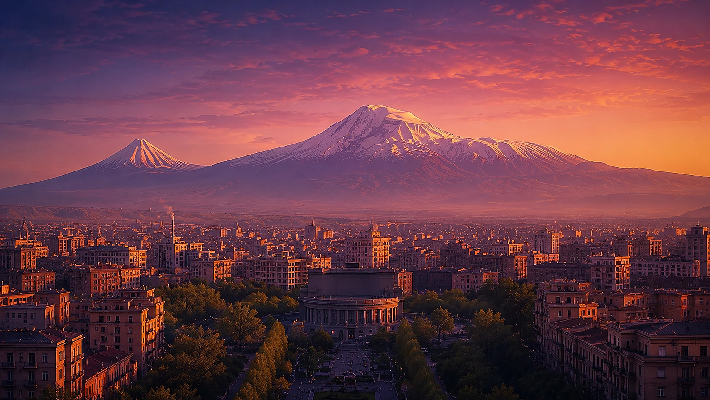 Erevan, capitale de l'Arménie, sous le mont Ararat au crépuscule
